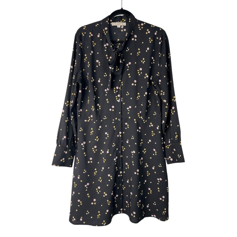 LOFT Dress Womens Size 14 Black Floral Tie Neck Button Front Long Sleeve Flare